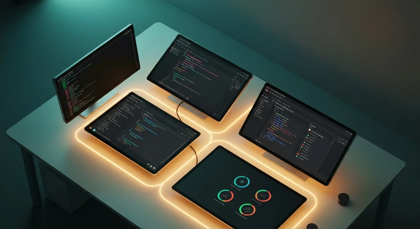 Four distinct AI coding tool interfaces connected by flowing data streams representing different agentic coding paradigms