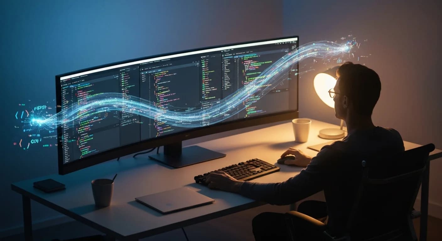 Developer orchestrating multiple AI coding agents on a futuristic workstation with flowing code streams