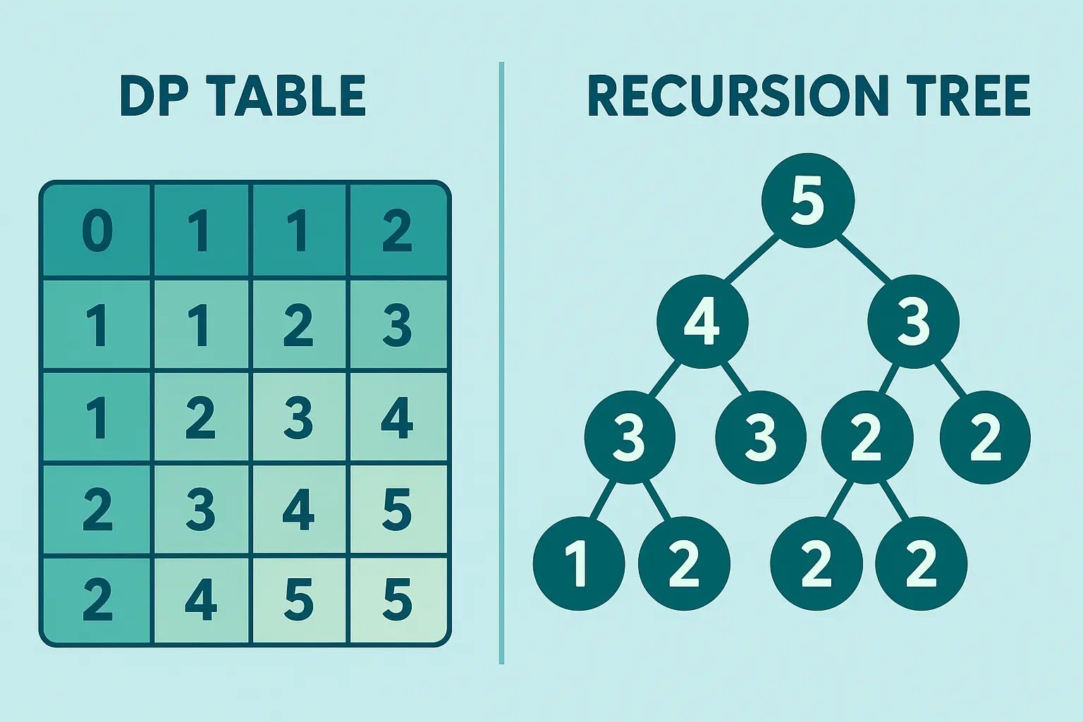 Graphic illustrating a split view of a DP table on one side and a recursion tree on the other