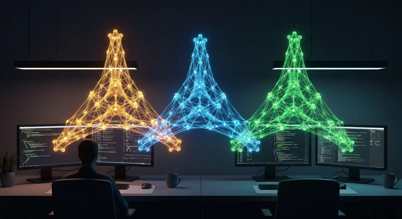 Three AI model icons compared side by side on a developer workstation with code on screen