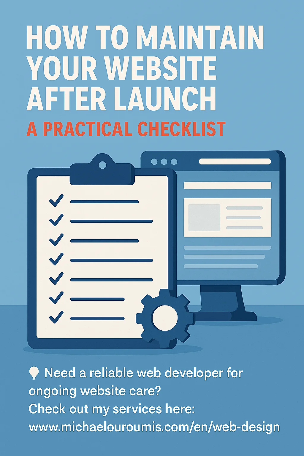 Illustration of a checklist, calendar, and computer screen symbolizing post-launch website maintenance