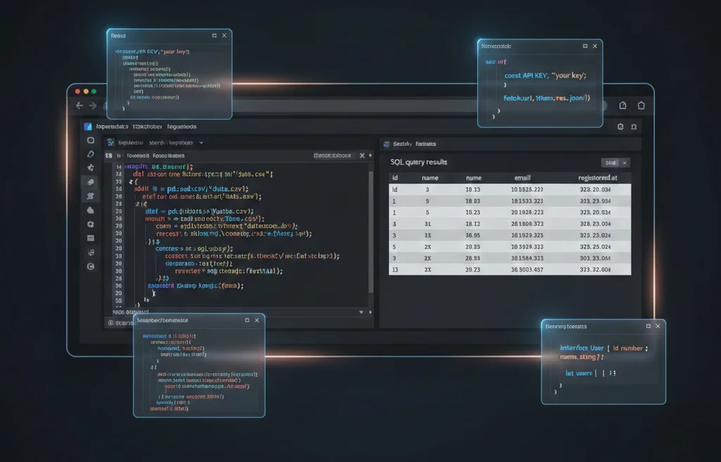 A split-screen code editor showing Python and SQL code with execution results, representing interactive browser-based coding environments