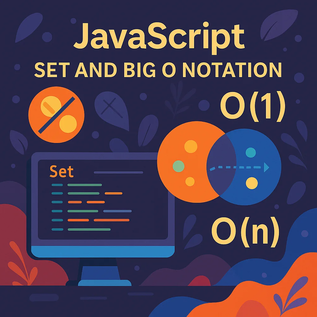 Flat digital illustration on a dark purple background showing a computer monitor with JavaScript code labeled ‘Set’, a colorful Venn diagram representing set operations, and Big O symbols ‘O(1)’ and ‘O(n)’, with abstract geometric shapes and vibrant accents.