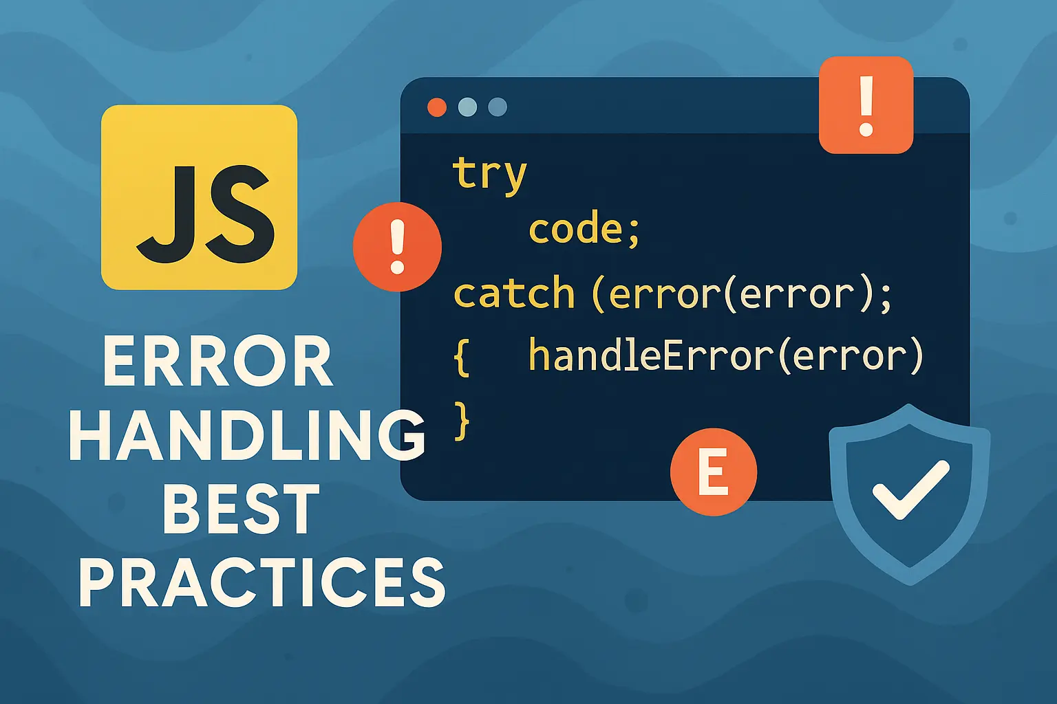 Flat-style illustration of the JavaScript logo next to a try/catch code snippet and a shield icon representing robust error handling