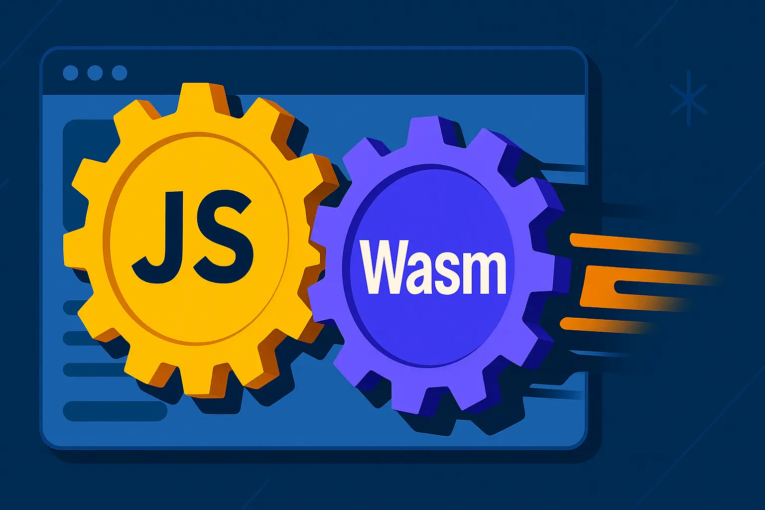 Graphic showing a JavaScript gear meshing with a high-speed WebAssembly gear to power a web application