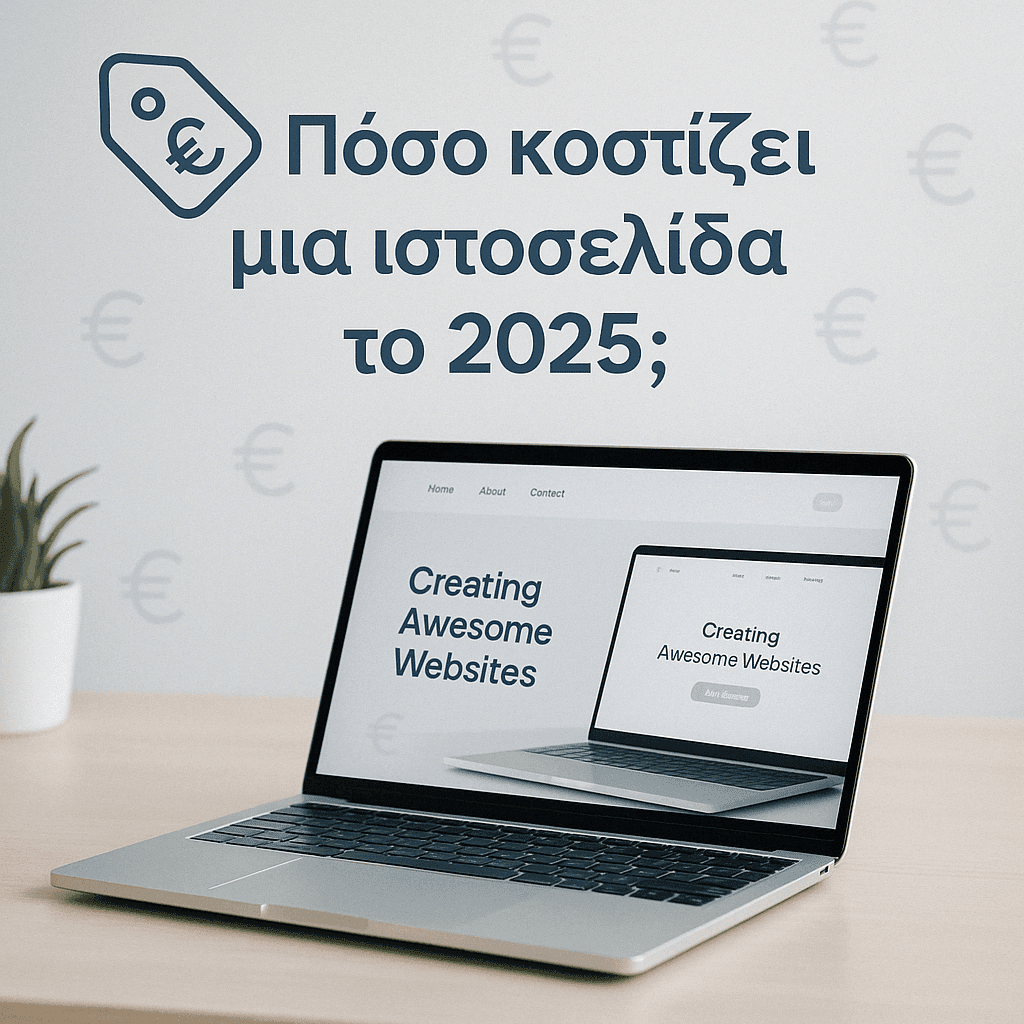 Infographic με εκτιμώμενα κόστη κατασκευής ιστοσελίδων για το 2025, εικονίδιο ευρώ και υπολογιστή