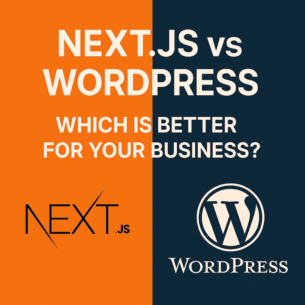 Split screen comparing Next.js and WordPress dashboards with performance and SEO icons