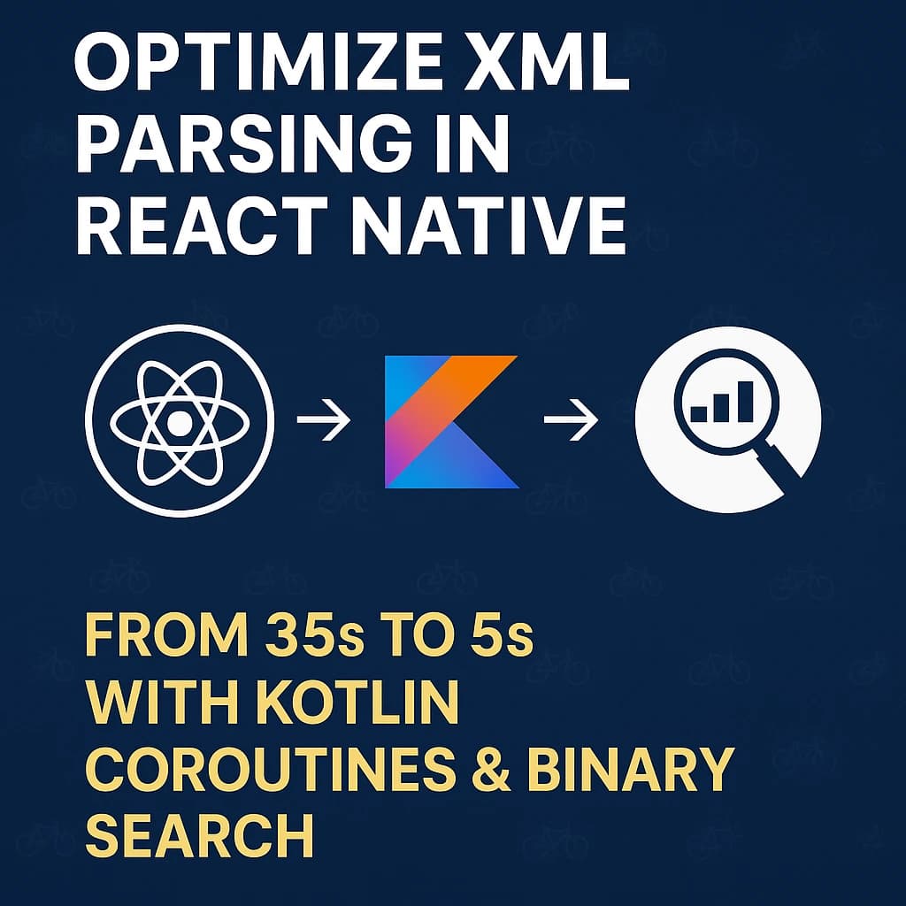 Performance chart showing XML parsing time reduced from 35s to 5s in React Native via Kotlin coroutines