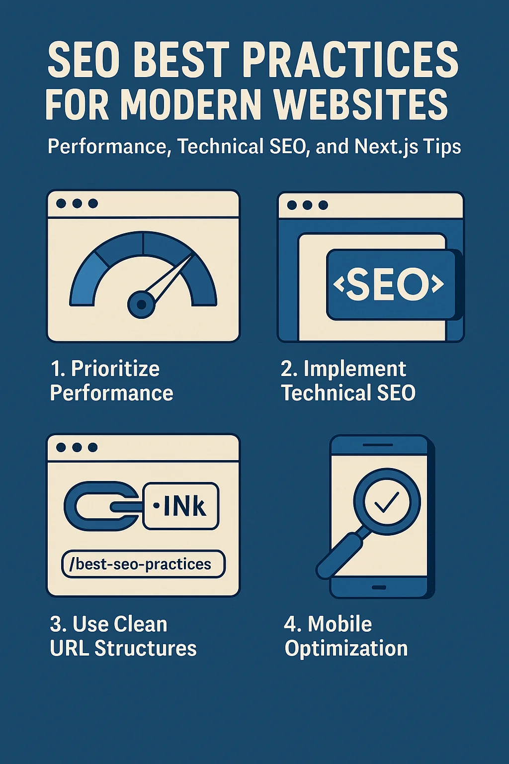 Dashboard showing SEO performance metrics and Next.js logo beside code snippets