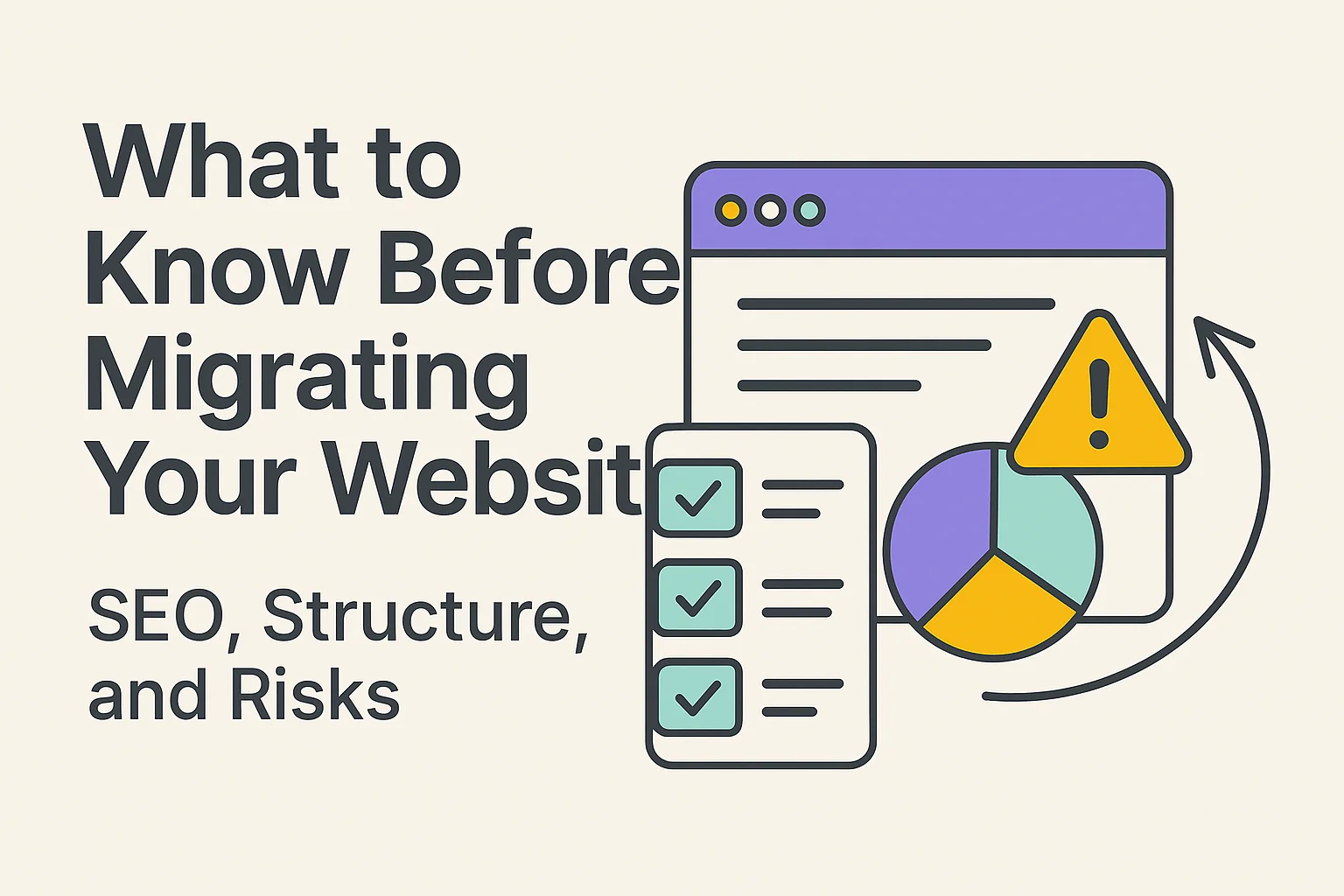 Illustration of a website migration checklist with arrows, URL redirects, metadata and performance icons