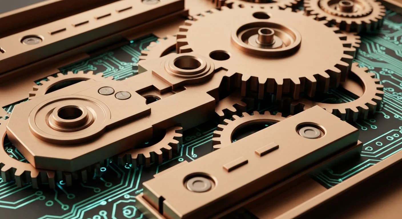 Abstract representation of Rust programming language concepts with interlocking safety mechanisms and web development elements