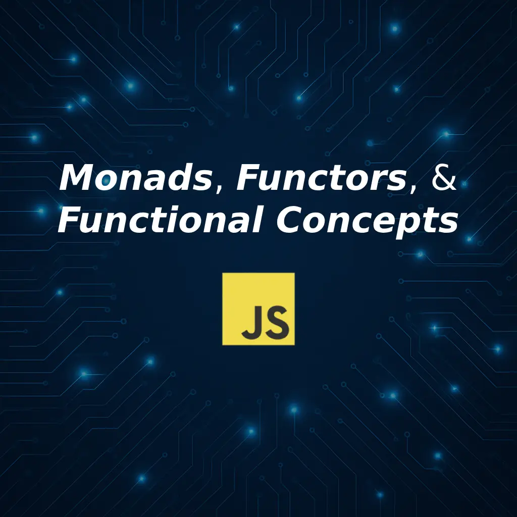A dark blue circuit-board background with white bold text reading âMonads, Functors, and Functional Concepts Simplifiedâ centered at the top. In the bottom right corner, a bright yellow square contains the black âJSâ logo.