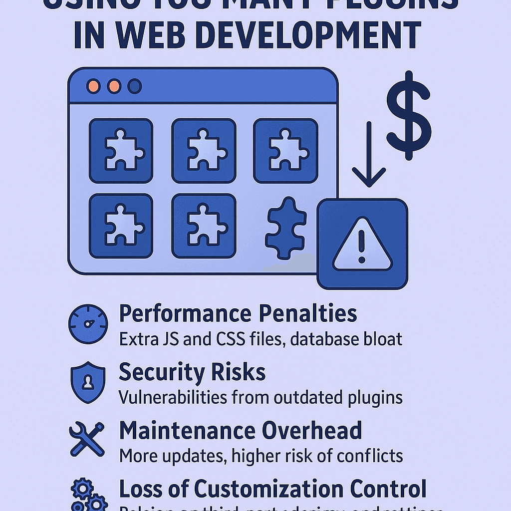 Illustration of a webpage weighed down by numerous plugin icons and warning signs
